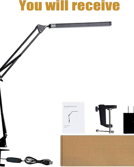 LED Desk Lamp, Adjustable Swing Arm Lamp with Clamp, Eye-Caring Reading Light, 10 Brightness Levels, 3 Lighting Modes, Memory Function Lamps for Home Office Adapter (Black) - LeafyLoom