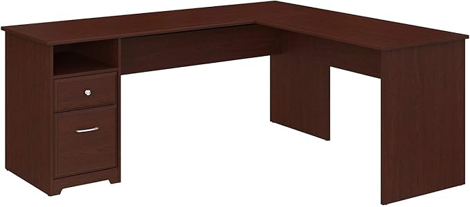 Bush Furniture L Shaped Desk with Drawers for Executive and Home Office | Cabot Collection Corner Table with Storage and Chrome Hardware Return, 72W, Harvest Cherry - LeafyLoom