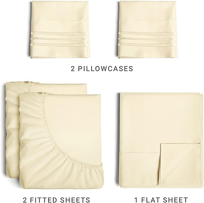 Split King Size 5 Piece Sheet Set - Comfy Breathable & Cooling Sheets - Hotel Luxury Bed Sheets for Women & Men - Deep Pockets, Easy-Fit, Soft & Wrinkle Free Sheets - Off White Oeko-Tex Bed Sheet Set - LeafyLoom