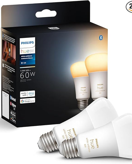Philips Hue Smart 60W A19 LED Bulb - White Ambiance Warm-to-Cool White Light - 2 Pack - 800LM - E26 - Indoor - Control with Hue App - Works with Alexa, Google Assistant and Apple Homekit PhilipsHue