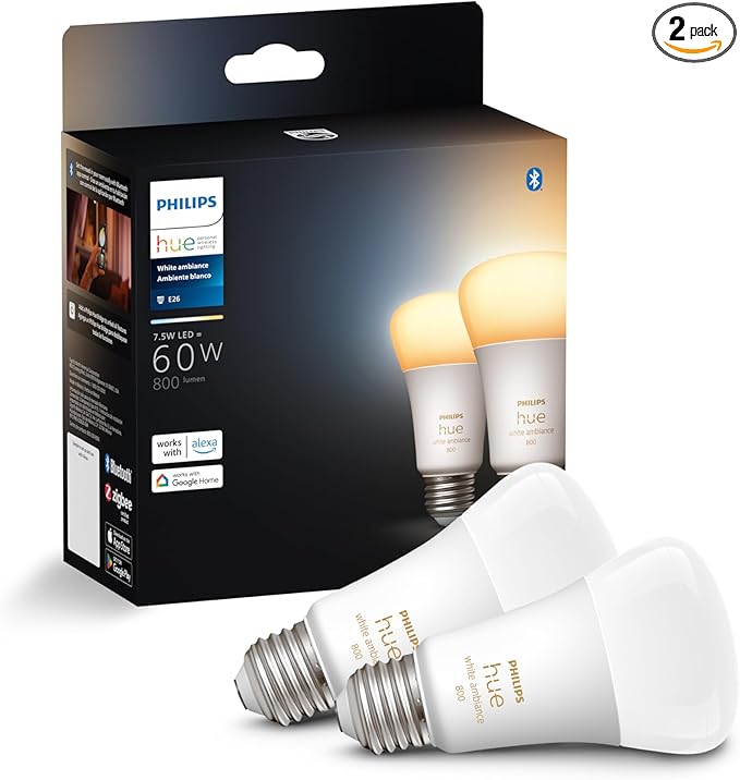 Philips Hue Smart 60W A19 LED Bulb - White Ambiance Warm-to-Cool White Light - 2 Pack - 800LM - E26 - Indoor - Control with Hue App - Works with Alexa, Google Assistant and Apple Homekit PhilipsHue