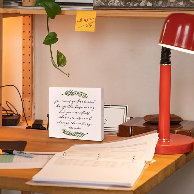 Home Office Desk Wooden Box Sign Decor, You Can't Go Back and Change The Beginning, Inspirational Quotes Desk Decor Motivational Desk Decorations for Women Men Alcoholics Anonymous Counselor Therapist - LeafyLoom