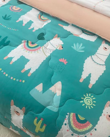 Wajade Kids Llama Comforter Set Bed in A Bag Twin Size 7 Piece Cute Alpaca Tropical Plant Cactus Bedding Set for Girls Boys (1 Comforter, 1 Flat Sheet, 1 Fitted Sheet, 2 Pillowcase and 2 Pillow Sham) - LeafyLoom