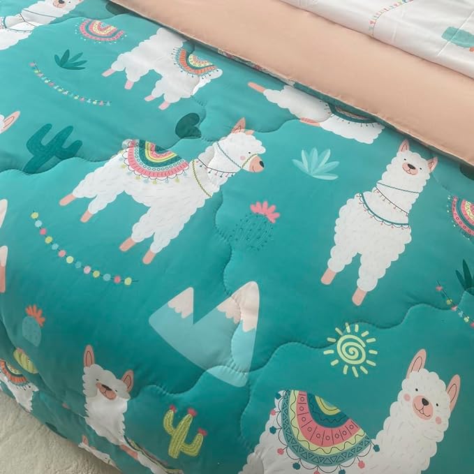 Wajade Kids Cute Llama Comforter Set Bed in A Bag Full Size 7 Piece Green Alpaca Tropical Plant Bedding Set for Girls Boys (1 Comforter, 1 Flat Sheet, 1 Fitted Sheet, 2 Pillowcase and 2 Pillow Sham) - LeafyLoom