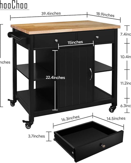 ChooChoo Kitchen Islands on Wheels with Wood Top, Utility Wood Movable Kitchen Cart with Storage and Drawers, Black - LeafyLoom