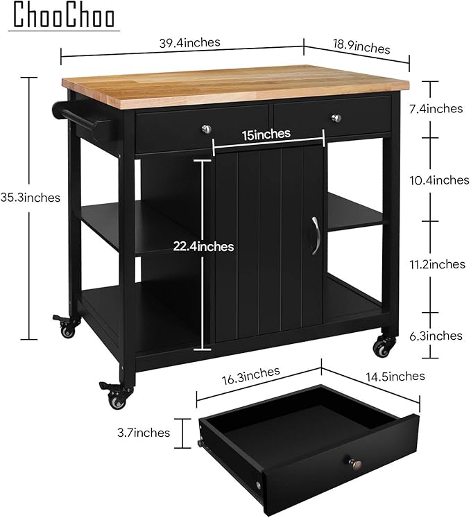 ChooChoo Kitchen Islands on Wheels with Wood Top, Utility Wood Movable Kitchen Cart with Storage and Drawers, Black - LeafyLoom