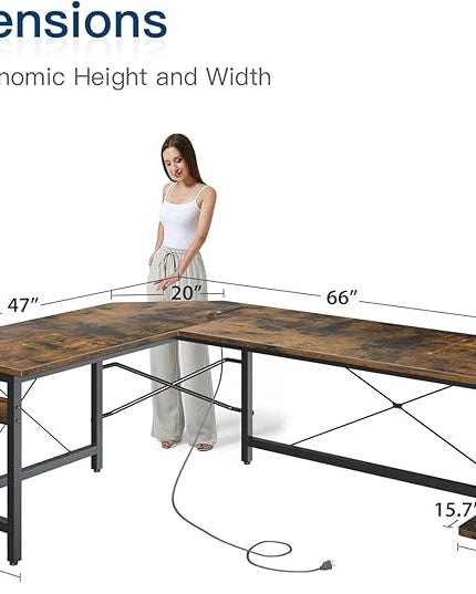 Coleshome 66" L Shaped Gaming Desk with Outlet, L Shaped Desk with CPU Stand, Corner Computer Desk, Home Office Desk, Writing Desk, Vintage - LeafyLoom