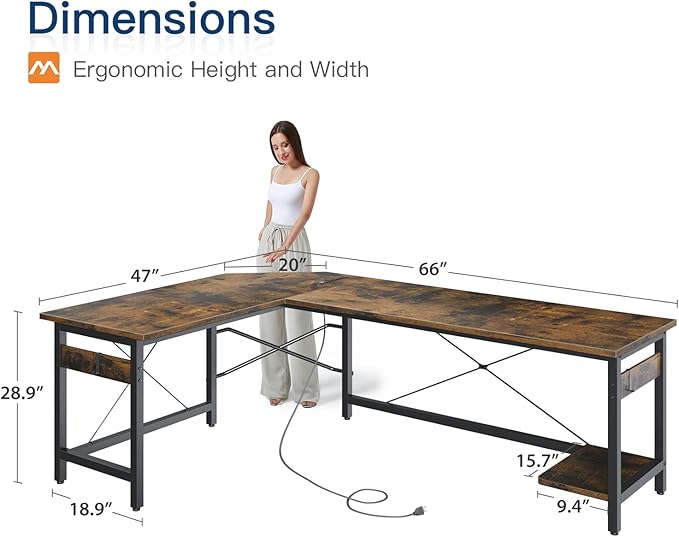 Coleshome 66" L Shaped Gaming Desk with Outlet, L Shaped Desk with CPU Stand, Corner Computer Desk, Home Office Desk, Writing Desk, Vintage - LeafyLoom