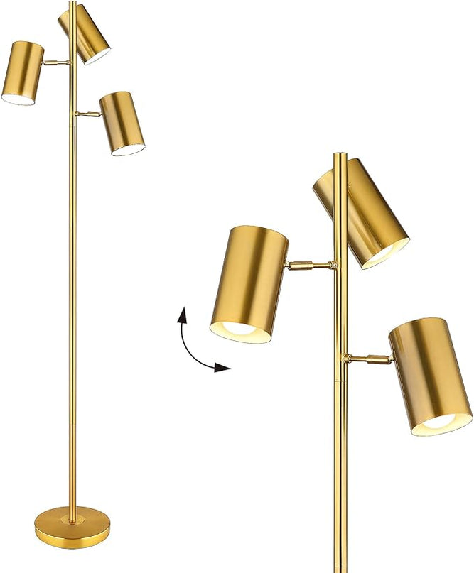 Tree Floor Lamp with 3 Light Bulbs,Gold Standing Tall Pole Lamp with 3 Adjustable Rotating Lights,Farmhouse Floor Lamp for Living Room Bedroom Office,Vintage Standing Lamp 9W E26 LED Bulbs Included - LeafyLoom