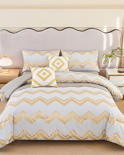7PCS Gold and Grey Comforter Set,Gray Comforter Set Queen Size,Metallic Blush and Grey Bedding Set Queen,Bed in A Bag Queen for Teen Girls Women,Bedroom Decoration Queen 7Pcs - LeafyLoom
