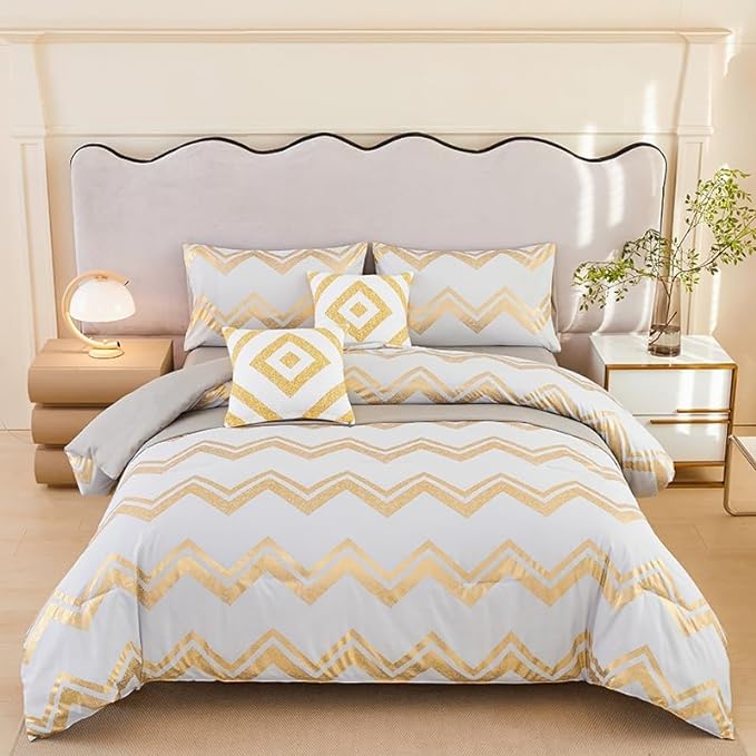 7PCS Gold and Grey Comforter Set,Grey Bedding Set Full Size,Metallic Blush and Grey Bedding Set Full,Bed in A Bag Full Comforter for Teen Girls Women,Bedroom Decoration Full 7Pcs - LeafyLoom