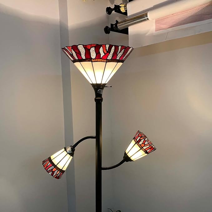 Bieye L10838 Fire Flame Tiffany Style Stained Glass Torchiere Floor Lamp with Sidelights for Reading, 70-inches Tall (Flame, Red) - LeafyLoom