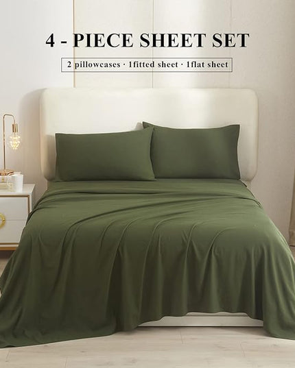 Army Green Full Size Sheet Set Extra Soft Deep Pocket Sheets Set,4 Piece Bed Fitted Sheets Fit 16 Mattress,Wrinkle,Fade,Sain Resistant Cooling Bed Sheets,Fitted Sheets,Pillowcases Set - LeafyLoom