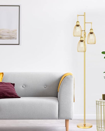 Dimmable Floor Lamp, 3 x 800LM LED Edison Bulbs Included, Farmhouse Industrial Floor Lamp Standing Tree Lamp with Elegant Teardrop Cage Head Tall Lamp for Living Room Bedroom Office Dining Room - Gold - LeafyLoom