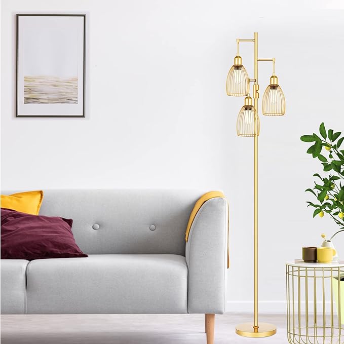 Dimmable Floor Lamp, 3 x 800LM LED Edison Bulbs Included, Farmhouse Industrial Floor Lamp Standing Tree Lamp with Elegant Teardrop Cage Head Tall Lamp for Living Room Bedroom Office Dining Room - Gold - LeafyLoom