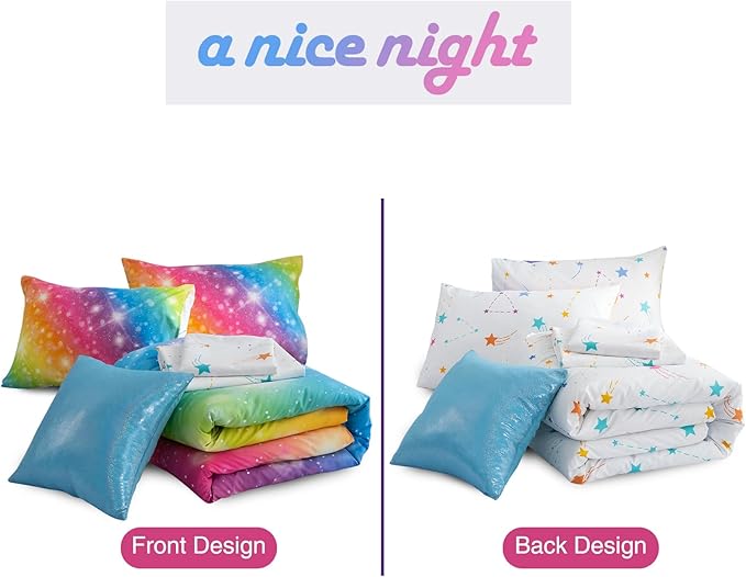 A Nice Night 6Pcs Gradient Glitter Bedding Set for Girls, Colorful Rainbow Galaxy Comforter Set, Ultra Soft Bedding Sets (Multi,Twin 6Pcs) - LeafyLoom