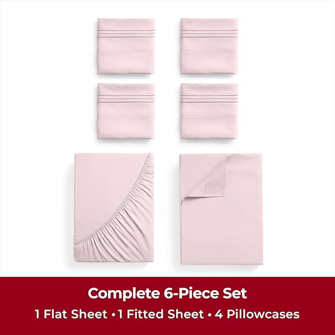 Mellanni Full Sheets Set - 6 PC Iconic Collection Bedding Sheets & Pillowcases - Hotel Luxury, Ultra Soft, Cooling Bed Sheets - Deep Pocket up to 16 inch - 6 PC (Full, Blush Pink w/Extra Pillow Cases) - LeafyLoom