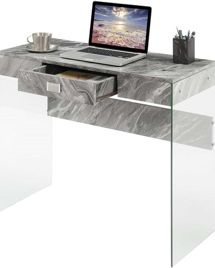 Convenience Concepts SoHo 1 Drawer Glass 36 inch Desk, Gray Faux Marble/Glass - LeafyLoom