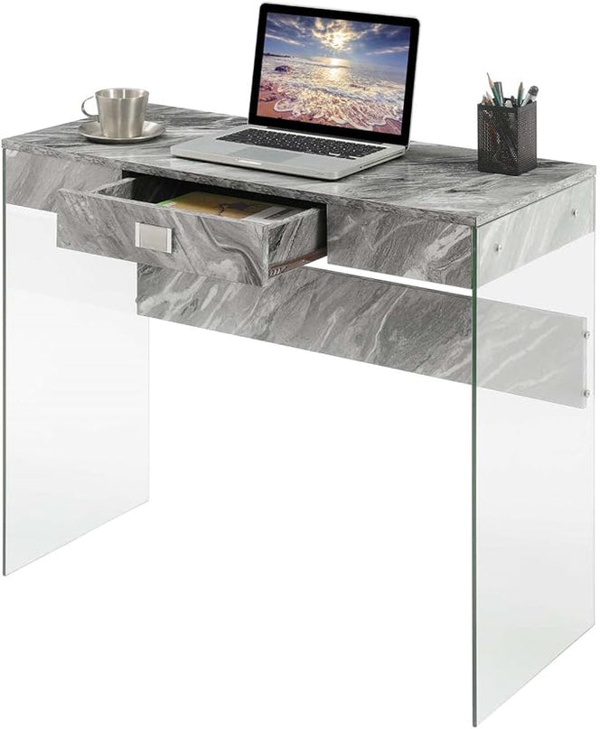 Convenience Concepts SoHo 1 Drawer Glass 36 inch Desk, Gray Faux Marble/Glass - LeafyLoom