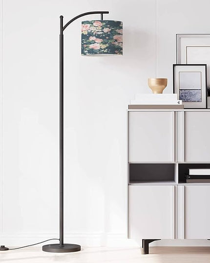 Modern Arc Floor Lamp with Dimmer Mid Century Seamless Vintage Rose Navy Metal Standing Lamp with Linen Shade Footswitch for Living Room Bedroom Office - LeafyLoom