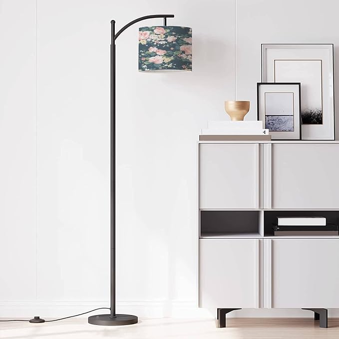 Modern Arc Floor Lamp with Dimmer Mid Century Seamless Vintage Rose Navy Metal Standing Lamp with Linen Shade Footswitch for Living Room Bedroom Office - LeafyLoom
