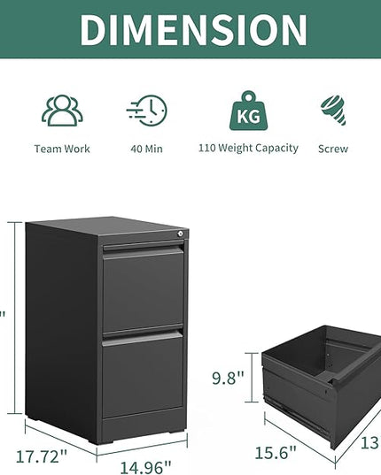 2 Drawer File Cabinet with Lock, Metal Vertical Filing Cabinets for Home Office, Steel Storage Cabinet for Hanging Legal/Letter Size Files, Assembly Required (Black) - LeafyLoom