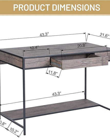 FurnitureR Vintage Wooden Computer Desk with Drawer, 43 Inches Industrial Writing Desk Workstation with Metal Legs and Bottom Shelf for Home Office, Brown - LeafyLoom