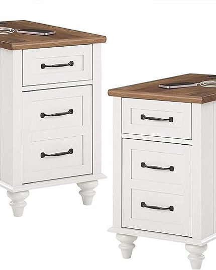 WAMPAT 2 Pack White End Table with Charging Station, Wood Side Sofa Table with Drawer and Storage Cabinet, Modern Nightstand with Power Outlets & USB Ports for Living Room, Bedroom - LeafyLoom