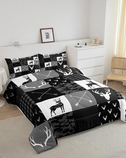 Deer Antler Silhouette Kids Comforter Set Full Size,Geometric Plaids Arrows Boho Bedding Set,Wild Animals Hunting Rustic Adventure Comforter,Camo Black Grey Quilt Set for Boys Girls Room Decor - LeafyLoom