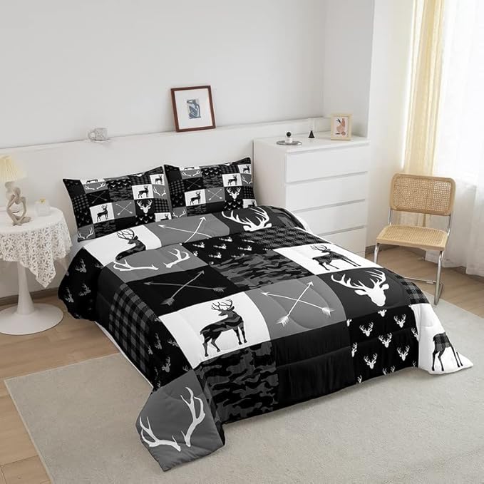 Deer Antler Silhouette Kids Comforter Set Full Size,Geometric Plaids Arrows Boho Bedding Set,Wild Animals Hunting Rustic Adventure Comforter,Camo Black Grey Quilt Set for Boys Girls Room Decor - LeafyLoom