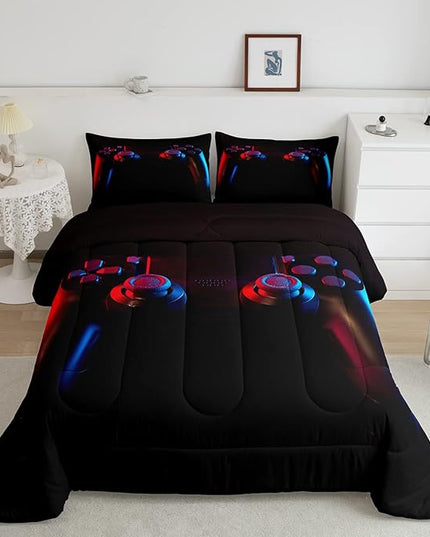 Gamer Comforter Set for Boys Girls Man Gaming Bedding Set,Black Gamepad Home Decor Player Video Game Duvet Insert Teens Kids 3 Pieces 1 Down Comforter with 2 Pieces Pillowcases(Full Size,All Season) - LeafyLoom