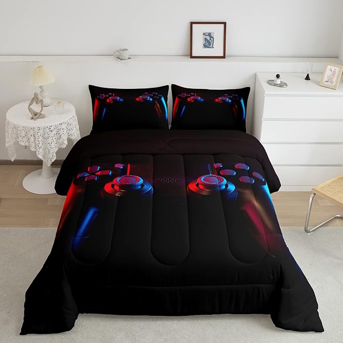 Gamer Comforter Set for Boys Girls Man Gaming Bedding Set,Black Gamepad Home Decor Player Video Game Duvet Insert Teens Kids 3 Pieces 1 Down Comforter with 2 Pieces Pillowcases(Full Size,All Season) - LeafyLoom