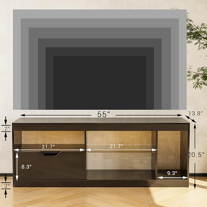 YESHOMY Modern LED TV Stand for Televisions up to 65+ Inch with Glass Shelves and Drawer, Gaming Entertainment Center with Multiple Dynamic RGB Modes, for Livingroom, Bedroom, 55 Inch, Black - LeafyLoom