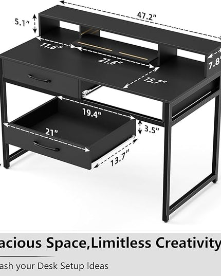 Computer Desk with Drawers, 47" Home Office Desk with Monitor Shelf, Writing Desk with Storage, Gaming Desk Work Desk Study Desk for Bedroom, Black - LeafyLoom