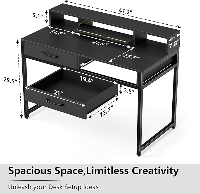 Computer Desk with Drawers, 47" Home Office Desk with Monitor Shelf, Writing Desk with Storage, Gaming Desk Work Desk Study Desk for Bedroom, Black - LeafyLoom