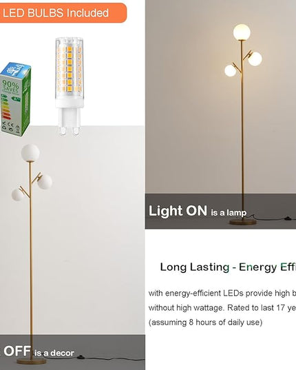 3 Globe Gold Mid Century Floor Lamp, Modern Standing Lamp with Frosted Glass Shade & 3pcs Warm White LED Bulbs, Contemporary Tall Tree Lamp for Living Room, Bedroom - Antique Brass - LeafyLoom