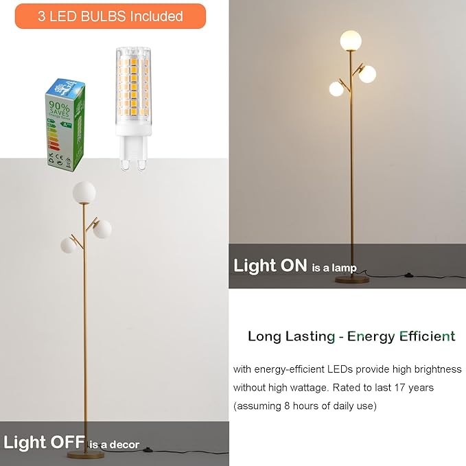 3 Globe Gold Mid Century Floor Lamp, Modern Standing Lamp with Frosted Glass Shade & 3pcs Warm White LED Bulbs, Contemporary Tall Tree Lamp for Living Room, Bedroom - Antique Brass - LeafyLoom