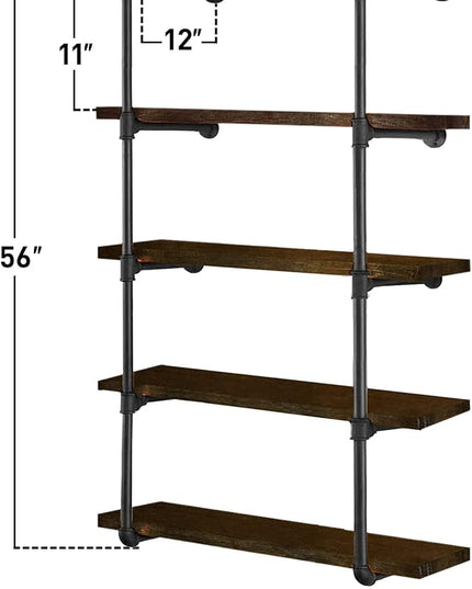 HITOMEN Industrial Iron Pipe Shelves, 2 Set 5-Tier, 56" Tall, 12" Depth, DIY Open Bookshelf Bookcase, Wall Mounted Vintage Retro Shelving, Rustic Farmhouse Pantry Kitchen Storage, Black Shelf Brackets - LeafyLoom