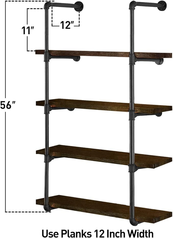 HITOMEN Industrial Iron Pipe Shelves, 2 Set 5-Tier, 56" Tall, 12" Depth, DIY Open Bookshelf Bookcase, Wall Mounted Vintage Retro Shelving, Rustic Farmhouse Pantry Kitchen Storage, Black Shelf Brackets - LeafyLoom