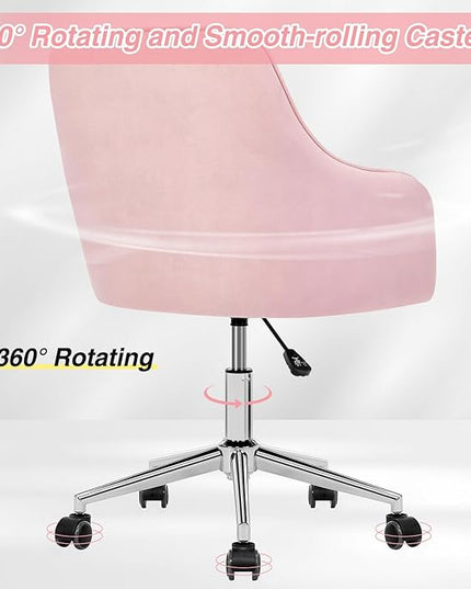 Velvet Desk Chair Vanity Chair for Makeup with Wheels and Back Home Office Chair Adjustable Rolling Swivel Chair for Bedroom Vanity Room Pink - LeafyLoom