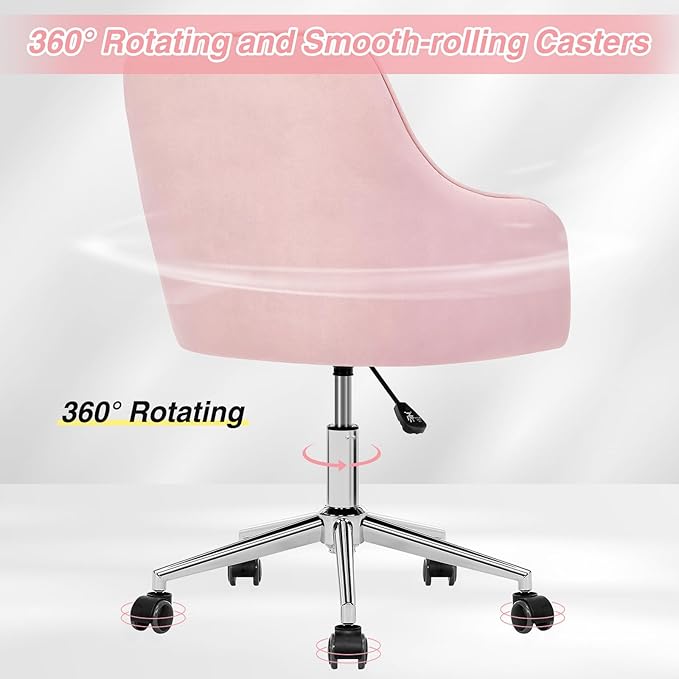 Velvet Desk Chair Vanity Chair for Makeup with Wheels and Back Home Office Chair Adjustable Rolling Swivel Chair for Bedroom Vanity Room Pink - LeafyLoom