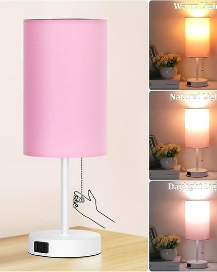 Dott Arts Table Lamp for Bedroom, 3-Color Bedside Lamps with Pull Chain, Bedroom Table Lamps for Nightstand,Small Lamp for Living Room, Bulb Included Pink - LeafyLoom
