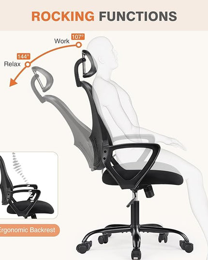 Sweetcrispy Office Computer Desk Chair, Ergonomic High-Back Mesh Rolling Work Chairs with Wheels and Adjustable Headrests, Comfortable Lumbar Support, Comfy Armrest for Home, Bedroom, Study,Black - LeafyLoom