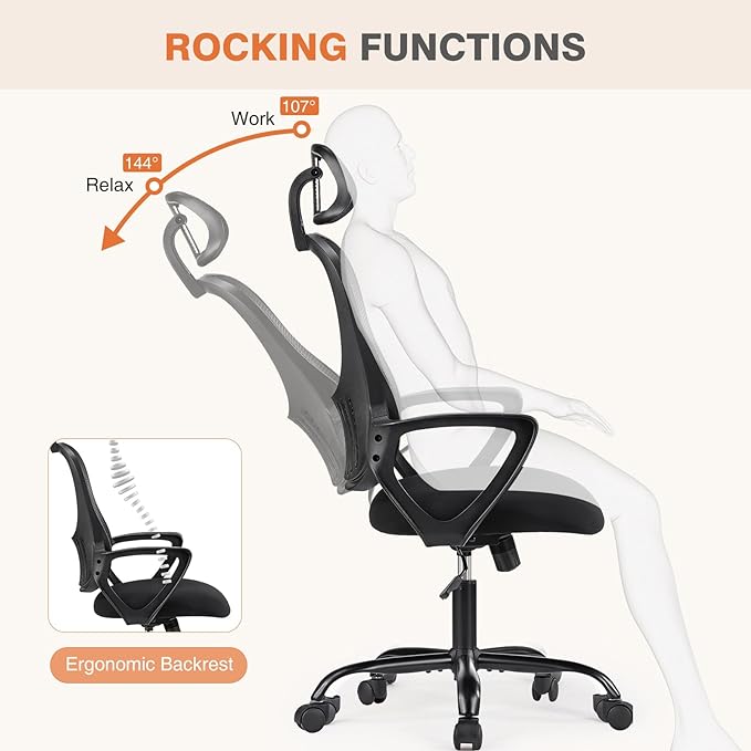 Sweetcrispy Office Computer Desk Chair, Ergonomic High-Back Mesh Rolling Work Chairs with Wheels and Adjustable Headrests, Comfortable Lumbar Support, Comfy Armrest for Home, Bedroom, Study,Black - LeafyLoom