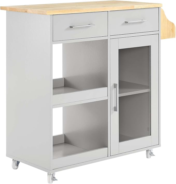 Modway Culinary Rolling Kitchen Cart with Storage in Light Gray Natural - 3 Tiers Kitchen Island on Wheels with Spice Rack, Functional as a Coffee Station, Bar Cabinet or Butcher Block Island - LeafyLoom