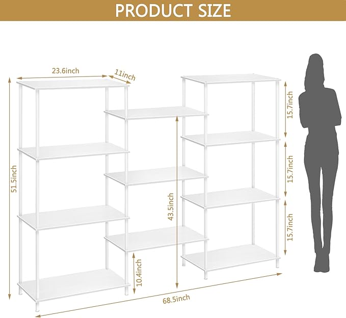 melos 4 Tier Bookshelf, Industrial Bookcase, Large Etagere Bookshelf Open Display Shelves with Metal Frame and 2 Anti-Tipping Strap, White - LeafyLoom