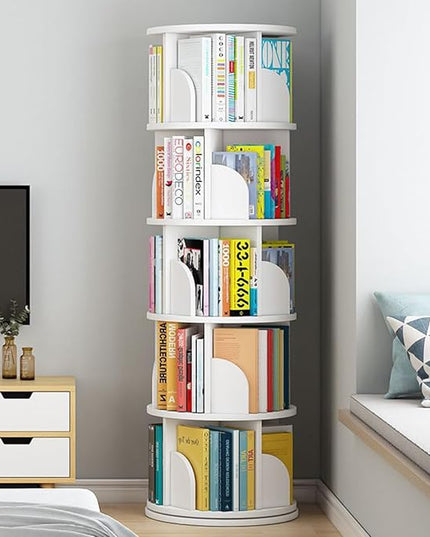 5 Tier Rotating Bookshelf 360° Revolving Bookcase Modern Tall Book Shelf Storage Display Rack Floor Standing Shelves with Baffle for Home Living Room Study Office White 63''X18''X18'' - LeafyLoom