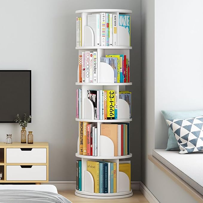 5 Tier Rotating Bookshelf 360° Revolving Bookcase Modern Tall Book Shelf Storage Display Rack Floor Standing Shelves with Baffle for Home Living Room Study Office White 63''X18''X18'' - LeafyLoom