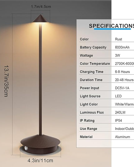2-Pack 6000mAh Rechargeable LED Table Lamps,Outdoor Cordless Table Lamp Waterproof Portable, 3-Color Stepless Dimmable Modern Lamp for Restaurant/Bedroom(Rust) - LeafyLoom