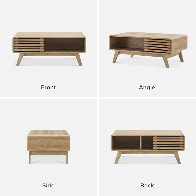 mopio Ensley Coffee Table, Mid Century Modern Table with Storage, Farmhouse Wood Coffee Table for Living Room Fluted (Oak) - LeafyLoom